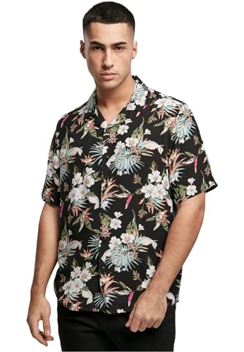 Urban Classics Herren Viscose AOP Resort Shirt, Hawaii-Hemd mit Blumenprint und umgeschlagenem Kragen für Männer, Größen S-5XL, blacktropical, S von Urban Classics