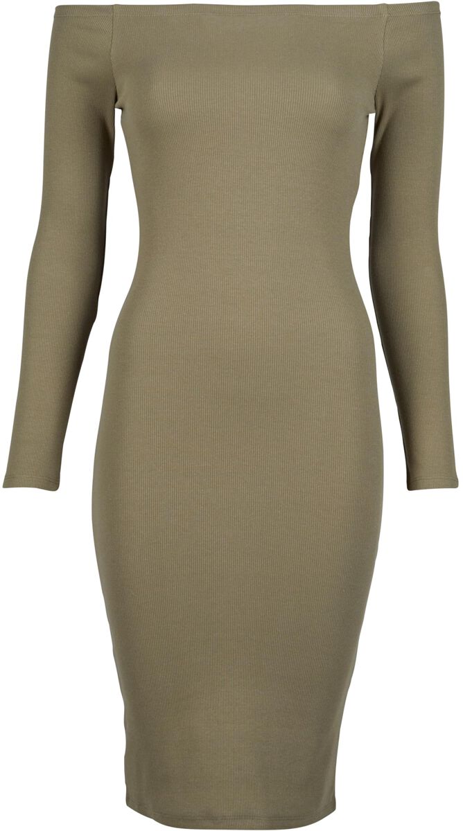 Urban Classics Kleid knielang - Ladies Off Shoulder Longsleeve Rib Dress - XS bis XL - für Damen - Größe L - oliv von Urban Classics