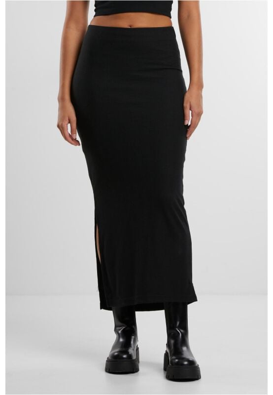 Urban Classics Langer Rock - Ladies Rib High Slit Skirt - XS bis XL - für Damen - Größe L - schwarz von Urban Classics