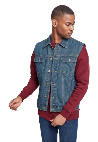 Urban Classics Herren Denim Vest – Jeansweste aus Baumwolle mit Knopfleiste, Brusttaschen und Kragen, ärmellose Weste für Streetwear, Freizeit & Alltag, Denimblue, 3XL von Urban Classics