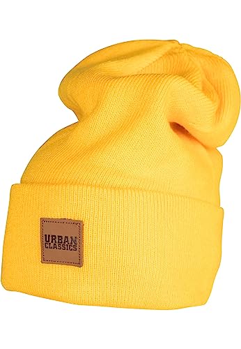 Urban Classics Unisex Strickmütze Leatherpatch Long Beanie Gelb (Chrome Yellow 1148), One Size (Herstellergröße: One Size) von Urban Classics
