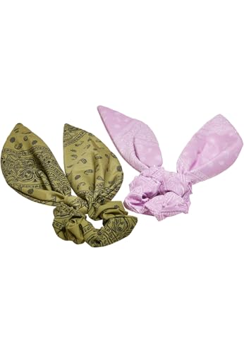 Urban Classics Unisex Haargummi Bandana Print Scrunchies With XXL Bow 2-Pack, Farbe khaki/lightlilac, Größe one size von Urban Classics