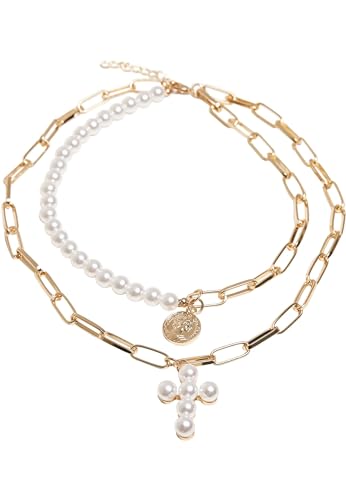 Urban Classics Pearl Cross Layering Necklace, pearlwhite/gold, one size von Urban Classics