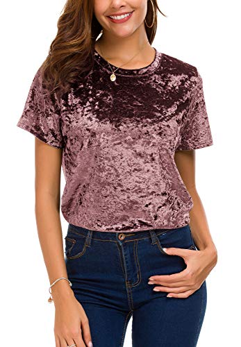 Damen Rundhals Samt Top Kurzarm T-Shirt, Pink, XX-Large von Urban CoCo