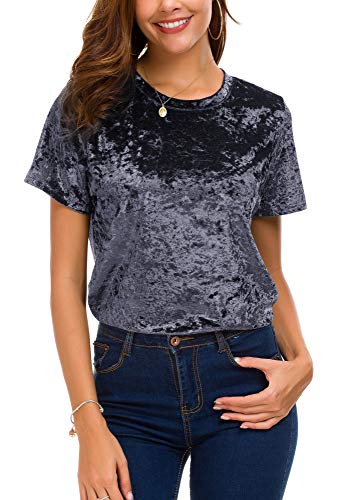 Damen Rundhals Samt Top Kurzarm T-Shirt, Violett, Groß Damen Rundhals Samt Top Kurzarm T-Shirt, Violett, Groß von Urban CoCo