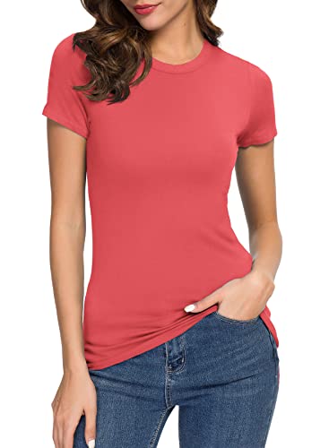 Damen-T-Shirt, Rundhalsausschnitt, schmal, enganliegend, kurzärmelig, dehnbar, figurbetont, Basic-T-Shirt, Koralle, XX-Large Damen-T-Shirt, Rundhalsausschnitt, schmal, enganliegend, kurzärmelig, dehnbar, figurbetont, Basic-T-Shirt, Koralle, XX-Large von Urban CoCo