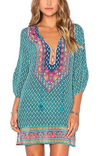 Frauen Bohemian Neck Tie Vintage Gedruckt Ethnischen Stil Sommer Shift Kleid, Muster #18, XX-Large von Urban CoCo