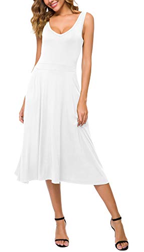 Urban CoCo Damen Ärmelloses Solid Flared Midi Kleid mit Taschen - Weiß - Groß von Urban CoCo