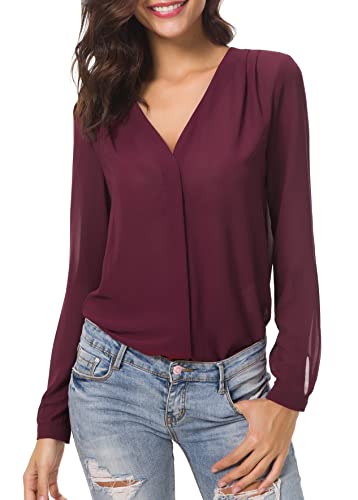 Urban CoCo Damen Chiffon-Bluse Oberteil mit V-Ausschnitt, gerüschte Schulter, einfarbig - Rot - Klein von Urban CoCo