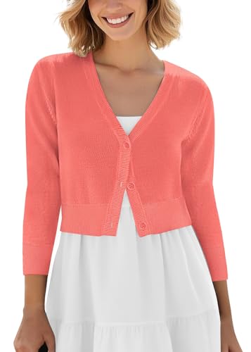 Urban CoCo Damen Cropped Cardigan V-Ausschnitt Button Down Strickpullover 3/4 Ärmel, Koralle, Mittel von Urban CoCo