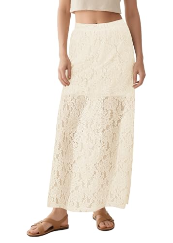 Urban CoCo Damen Elastische Hohe Taille Flowy A-Linie Maxi Spitzenrock Sommer Casual Lange Röcke, Beige, X-Groß von Urban CoCo