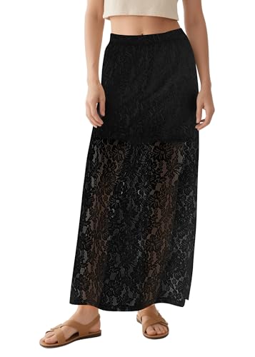 Urban CoCo Damen Elastische Hohe Taille Flowy A-Linie Maxi Spitzenrock Sommer Casual Lange Röcke, Schwarz, Mittel von Urban CoCo