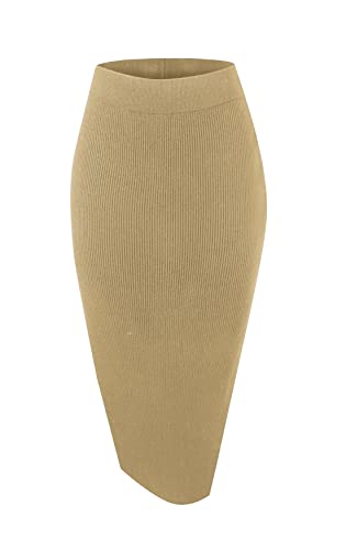 Urban CoCo Damen Elastische Taille Gestrickter Split Tube Bleistift Midi Rock, camel, Groß von Urban CoCo