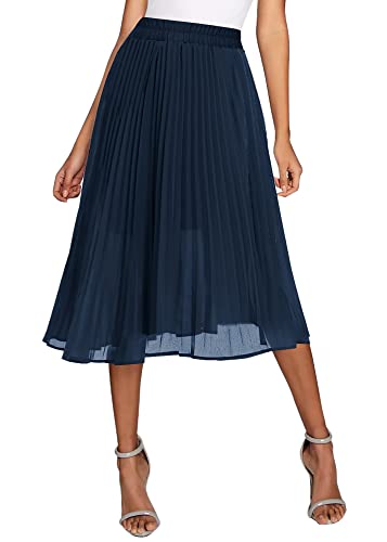 Urban CoCo Damen Hohe Elastische Taille Plissee Chiffon Rock Swing A-Linie Midi Röcke, Marineblau, Mittel von Urban CoCo