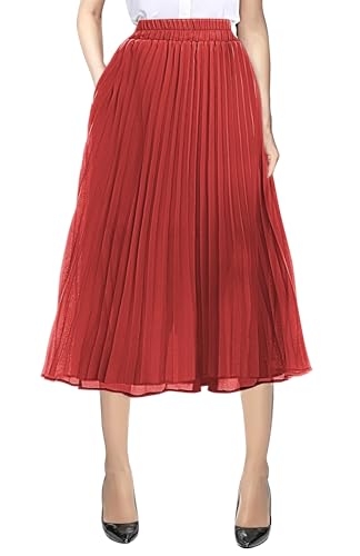 Urban CoCo A-Linien-Rock für Damen, mit elastischem Bund, Midi-Rock aus Chiffon, ausgestellter Faltenrock mit Taschen, Rot/Ausflug, einfarbig (Getaway Solids), Mittel von Urban CoCo