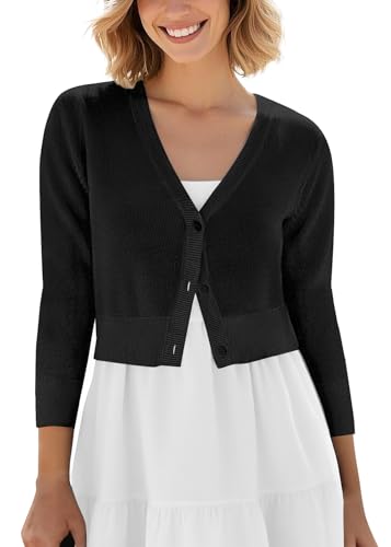 Urban CoCo Damen Kurze Strickjacke mit V-Ausschnitt Button-Down-gestrickten Pullover 3/4 Arm Klein Schwarz von Urban CoCo