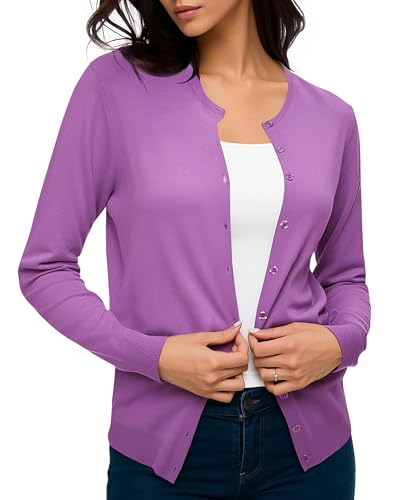 Urban CoCo Damen Langarm Rundhalsausschnitt Knopfleiste Strickjacke Pullover, hellviolett, Mittel von Urban CoCo