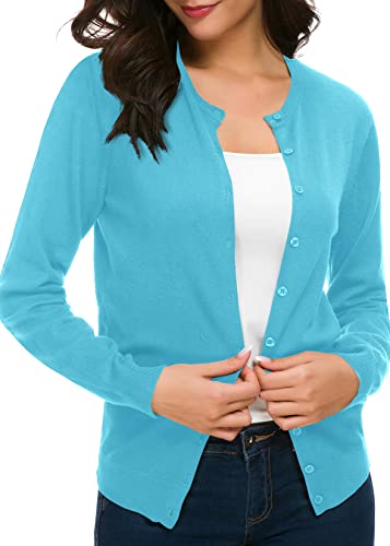 Urban CoCo Damen Langarm Rundhalsausschnitt Knopfleiste Strickjacke Pullover, seeblau, Mittel von Urban CoCo