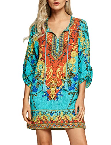 Urban Coco Damen Bohemian-Hals-Bindung Vintage-Printed-Ethnische Art-Sommer-Etuikleid klein Muster 1 von Urban CoCo
