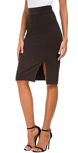 Urban Coco Damen Knielanger Stretch Bleistiftrock Hohe Taille Bodycon Midi Gerader Rock, Braun, Mittel von Urban CoCo