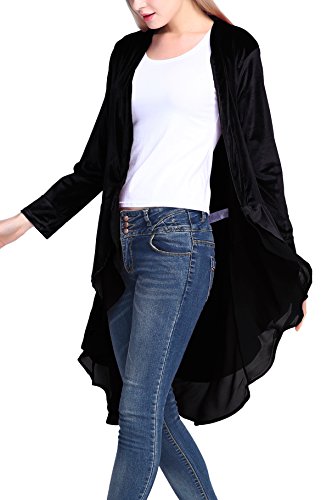 Urban Coco Damen Long Sleeve Velvet Cardigan Mantel mit Asymmetrische Chiffon Hem Mittel Schwarz von Urban CoCo