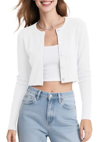 Urban Coco Damen Tasten-Nieder-Crew Neck Kurze Strickjacke mittel weiß von Urban CoCo