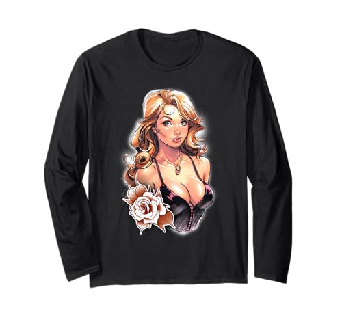 Blondes Pin-Up-Mädchen und Rosenblüte Langarmshirt von Urban Empyre