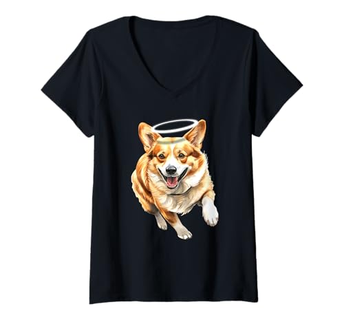 Damen Corgi Dog Angel Running T-Shirt mit V-Ausschnitt von Urban Empyre