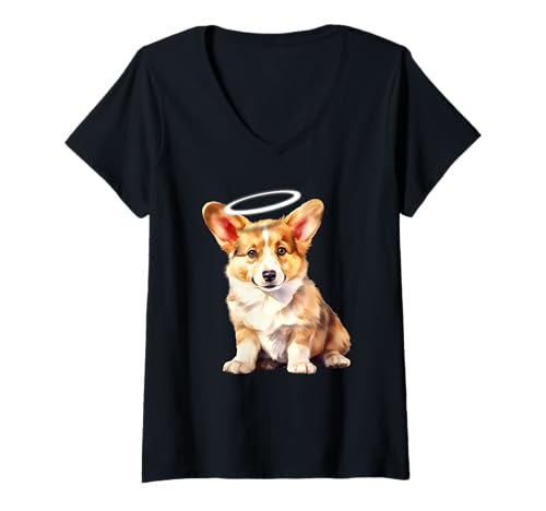 Damen Corgi Puppy Angel T-Shirt mit V-Ausschnitt von Urban Empyre