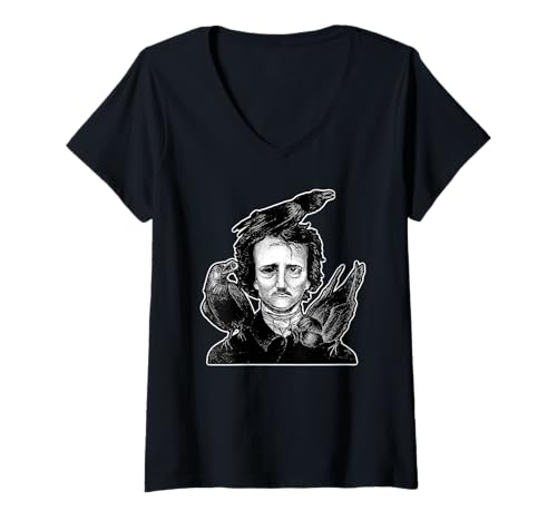 Damen Edgar Allan Poe Ravens Blackwork T-Shirt mit V-Ausschnitt von Urban Empyre