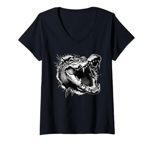 Damen Fierce Crocodile Splash Blackwork T-Shirt mit V-Ausschnitt von Urban Empyre