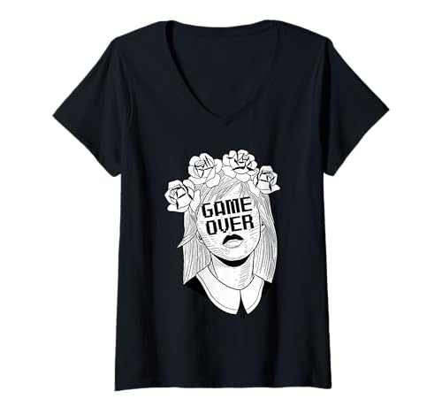 Damen Game Over Goth Gamer Girl Roses T-Shirt mit V-Ausschnitt von Urban Empyre