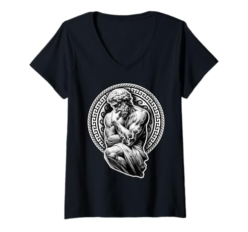 Damen Griechische Gottesstatue Denkender Mann Lightning T-Shirt mit V-Ausschnitt von Urban Empyre