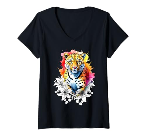 Damen Leopard Jaguar Colorful Rainbow Splash T-Shirt mit V-Ausschnitt von Urban Empyre