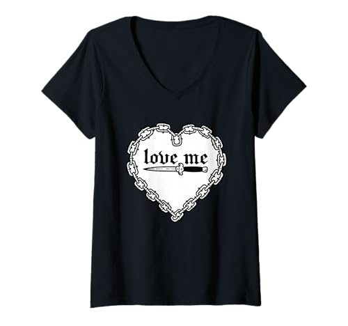Damen Love Me Kette Herz Switchblade Gothic T-Shirt mit V-Ausschnitt von Urban Empyre