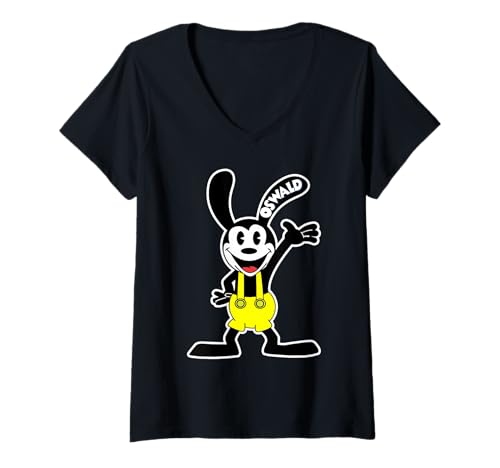 Damen Oswald Hase gelb Overall winkend Hello T-Shirt mit V-Ausschnitt von Urban Empyre