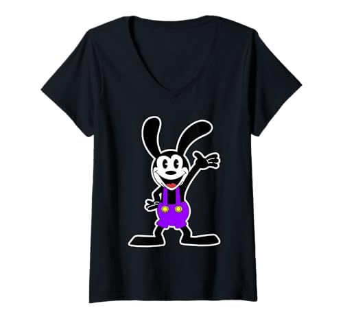 Damen Oswald Kaninchen lila Overall Waving Hello T-Shirt mit V-Ausschnitt von Urban Empyre