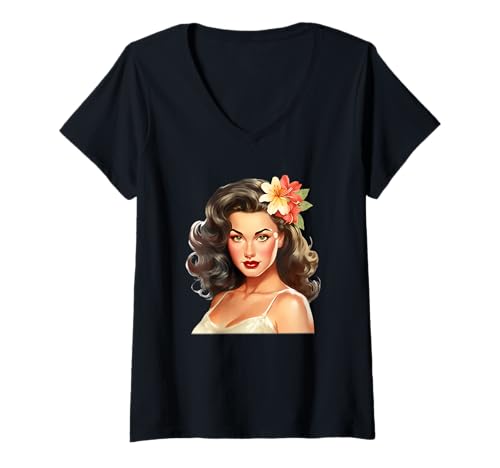 Damen Pin-Up Girl Brünette T-Shirt mit V-Ausschnitt von Urban Empyre