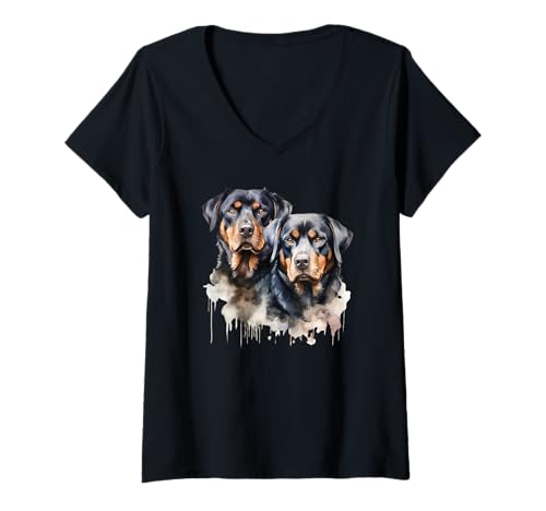 Damen Rottweiler Dogs Portrait Aquarell T-Shirt mit V-Ausschnitt von Urban Empyre