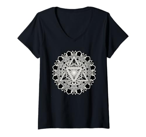 Damen Sacred Geometrie Tri-Hex Mandala Geometrische Blackwork T-Shirt mit V-Ausschnitt von Urban Empyre