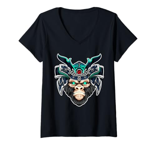 Damen Samurai AFFE Krieger Schimpanse T-Shirt mit V-Ausschnitt von Urban Empyre