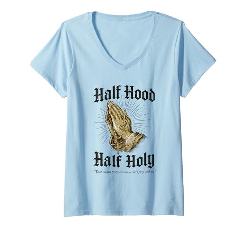 Damen Rosenkranz mit halber Kapuze, halber Heiliger betender Hände T-Shirt mit V-Ausschnitt von Urban Faith Streetwear