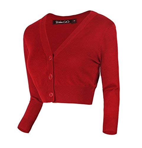 Urban GoCo Damen V-Ausschnitt Kurz-Strickweste Strickjacke 3/4 Ärmel (L, rot) von Urban GoCo