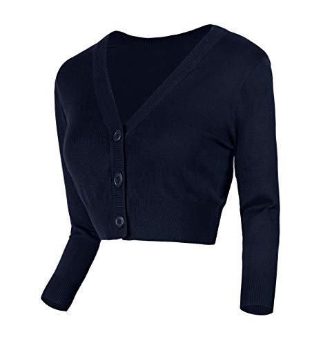 Urban GoCo Damen V-Ausschnitt Kurz-Strickweste Strickjacke 3/4 Ärmel (XL, Navy) von Urban GoCo