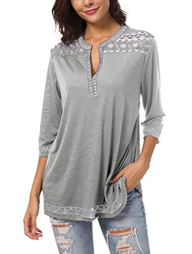 Urban GoCo Damen Böhmen Stickerei V-Ausschnitt Tops Blouse (Hellgrau, S) von Urban GoCo