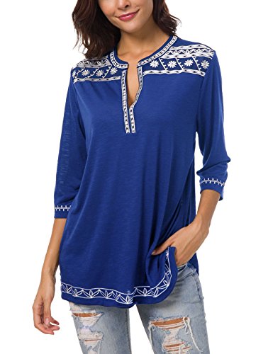 Urban GoCo Damen Böhmen Stickerei V-Ausschnitt Tops Blouse (Königsblau, L) von Urban GoCo