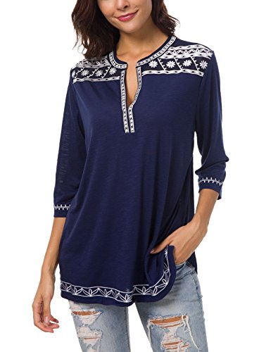 Urban GoCo Damen Böhmen Stickerei V-Ausschnitt Tops Blouse (Navy blau, XL) von Urban GoCo