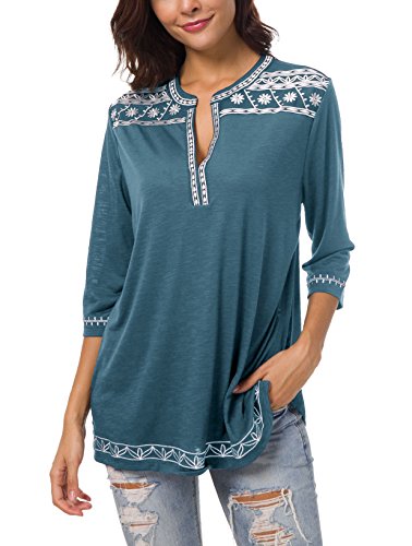 Urban GoCo Damen Böhmen Stickerei V-Ausschnitt Tops Blouse (Tinte blau, 2XL) von Urban GoCo