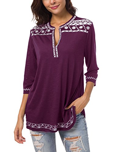 Urban GoCo Damen Böhmen Stickerei V-Ausschnitt Tops Blouse (Traube Lila, M) von Urban CoCo