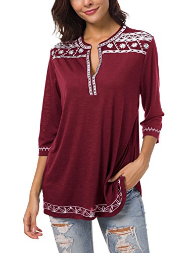 Urban GoCo Damen Böhmen Stickerei V-Ausschnitt Tops Blouse (Weinrot, L) von Urban GoCo